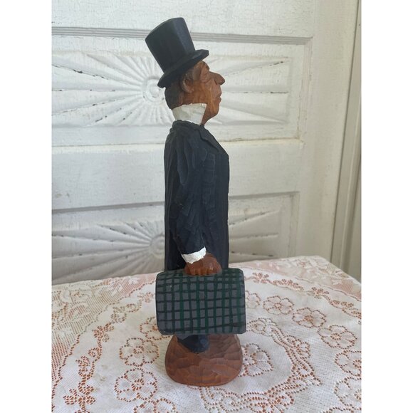 Vintage Folk Art Carved Wood Distinguished Man With Top Hat Umbrella Suitcase - Picture 2 of 14